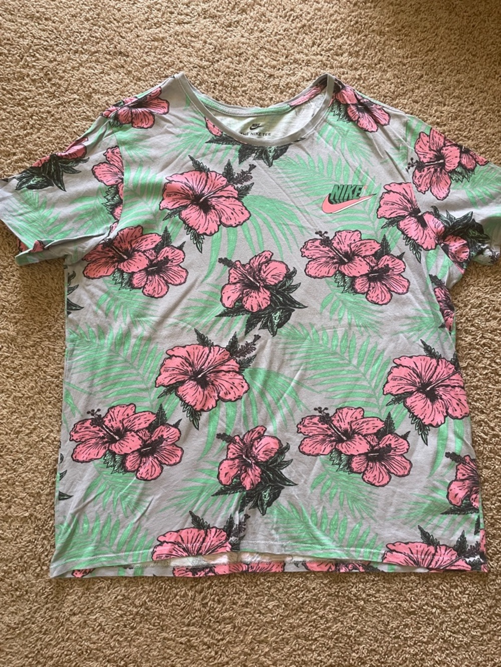 Nike Short Sleeve Tee in Light Gray with Pink Floral and Mint Green Accents